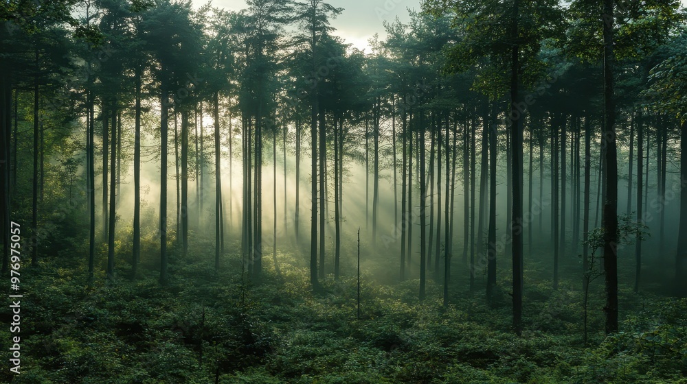 A serene forest scene bathed in mist, with tall trees creating a calm and peaceful atmosphere ideal for nature lovers. A serene forest scene bathed in mist, with tall trees creating a calm and peaceful atmosphere ideal for nature lovers.