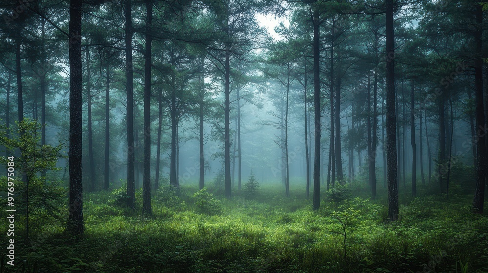A serene forest scene shrouded in mist, featuring tall trees and lush greenery that convey tranquility and natural beauty. A serene forest scene shrouded in mist, featuring tall trees and lush greenery that convey tranquility and natural beauty.