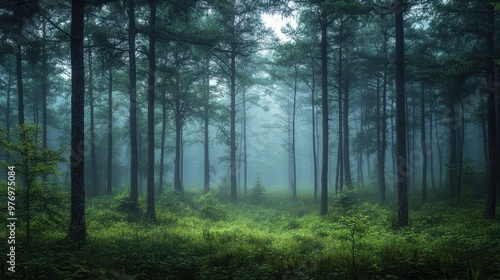 A serene forest scene shrouded in mist, featuring tall trees and lush greenery that convey tranquility and natural beauty.