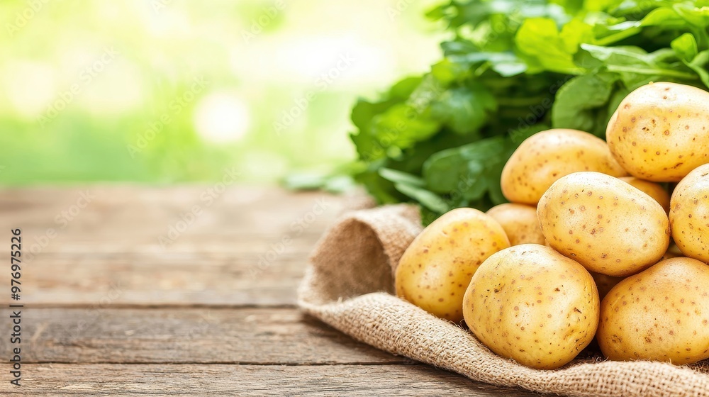 Fresh Yellow Potatoes in Burlap Sack on Wooden Table Fresh Yellow Potatoes in Burlap Sack on Wooden Table