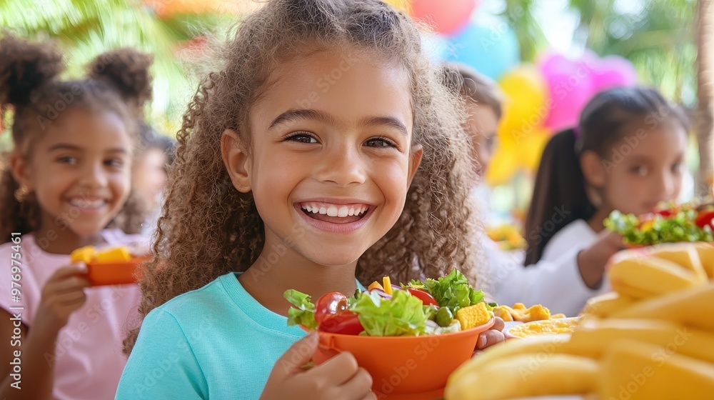 Happy Young Girl Holding Salad Bowl At Outdoor Party Happy Young Girl Holding Salad Bowl At Outdoor Party
