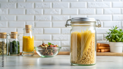 Clear glass jar on white kitchen counter for storing pantry staples like pasta, rice, and beans, storage, organization, pantry photo