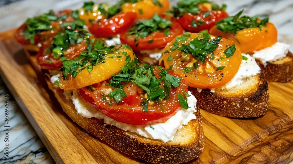 Tomato Basil Ricotta Bruschetta Appetizer on Wooden Board Tomato Basil Ricotta Bruschetta Appetizer on Wooden Board