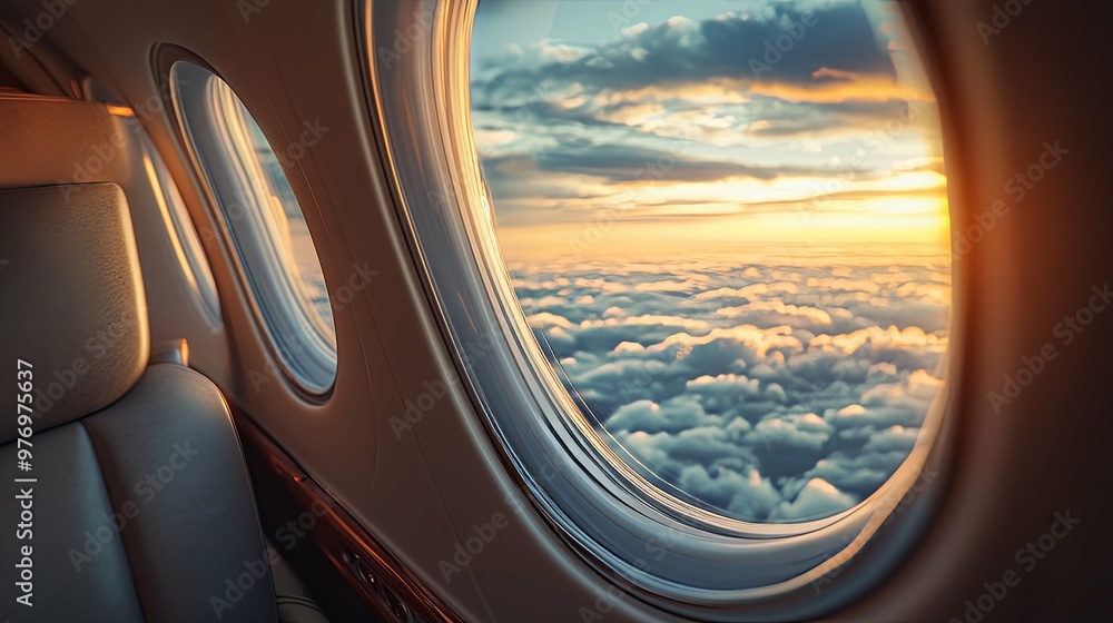Sunset View Through Airplane Window Over Clouds Sunset View Through Airplane Window Over Clouds