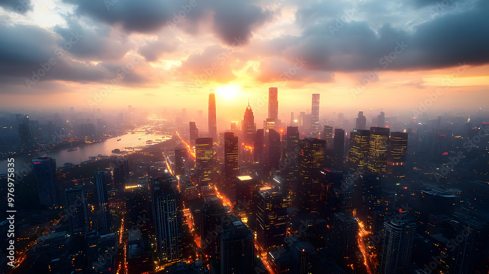 A stunning aerial view of a modern city skyline at sunset, with dramatic clouds and a hazy glow over the cityscape. A stunning aerial view of a modern city skyline at sunset, with dramatic clouds and a hazy glow over the cityscape.