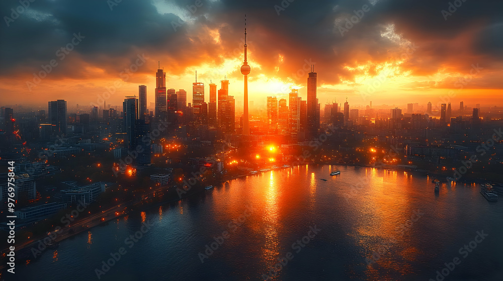 Fototapeta premium A stunning aerial view of a modern city skyline at sunset, with the sun breaking through the clouds and reflecting in the water.