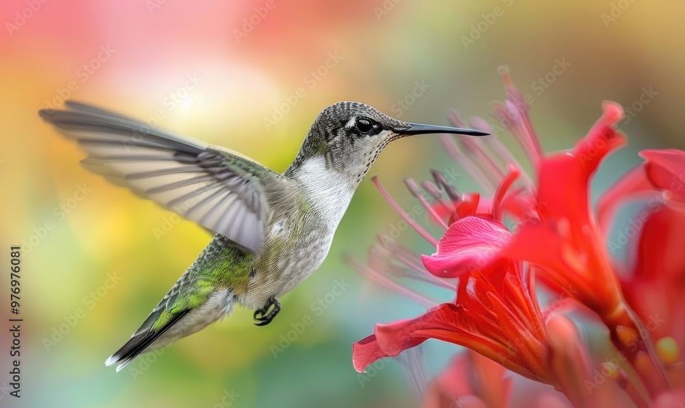Fototapeta premium Beautiful hummingbird in flight near vibrant red flower, captured in stunning detail with a colorful blurred background. Ideal for nature themes.