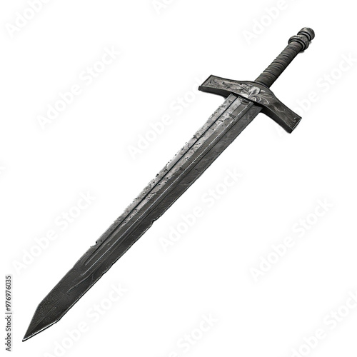 This sharp medieval sword is pointing upwards on a white background