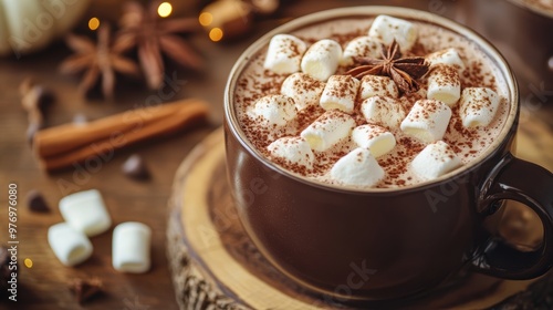 Hot chocolate with marshmallows and cinnamon, a popular comfort drink during the cold winter nights, Halloween , gifts, garland. in a close-up shot, a product photography.