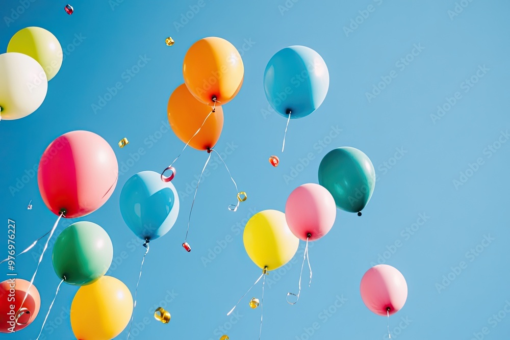 Colorful balloons floating against a bright blue sky, creating a festive and joyful atmosphere for celebrations and gatherings. Colorful balloons floating against a bright blue sky, creating a festive and joyful atmosphere for celebrations and gatherings.