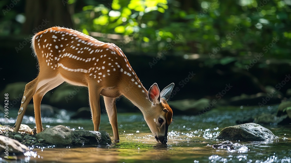 A Spotted Deer Drinking from a Stream A Spotted Deer Drinking from a Stream