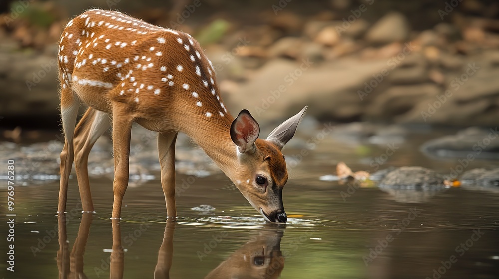 A Spotted Deer Drinking from a Stream A Spotted Deer Drinking from a Stream