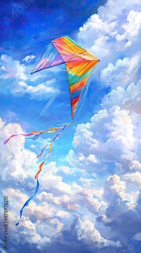 A vibrant kite soaring through a blue sky filled with fluffy clouds, symbolizing freedom and joy in outdoor activities.