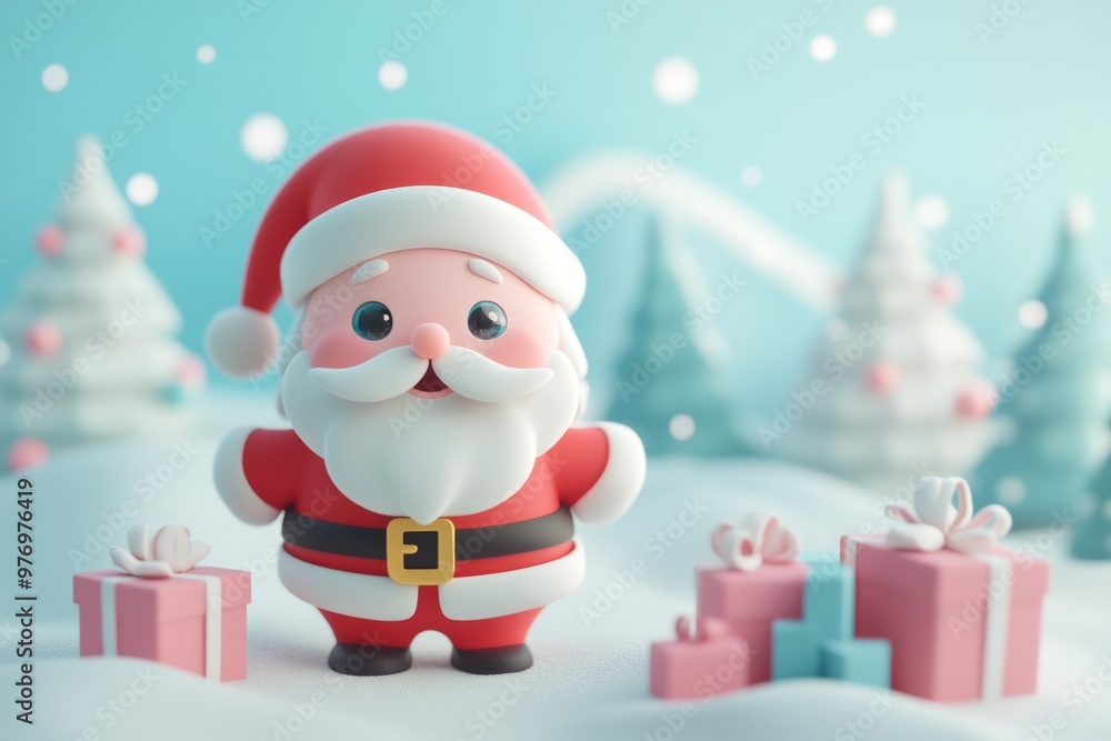 3D cartoon cute Santa Claus with presents in front of a white snow landscape background 3D cartoon cute Santa Claus with presents in front of a white snow landscape background