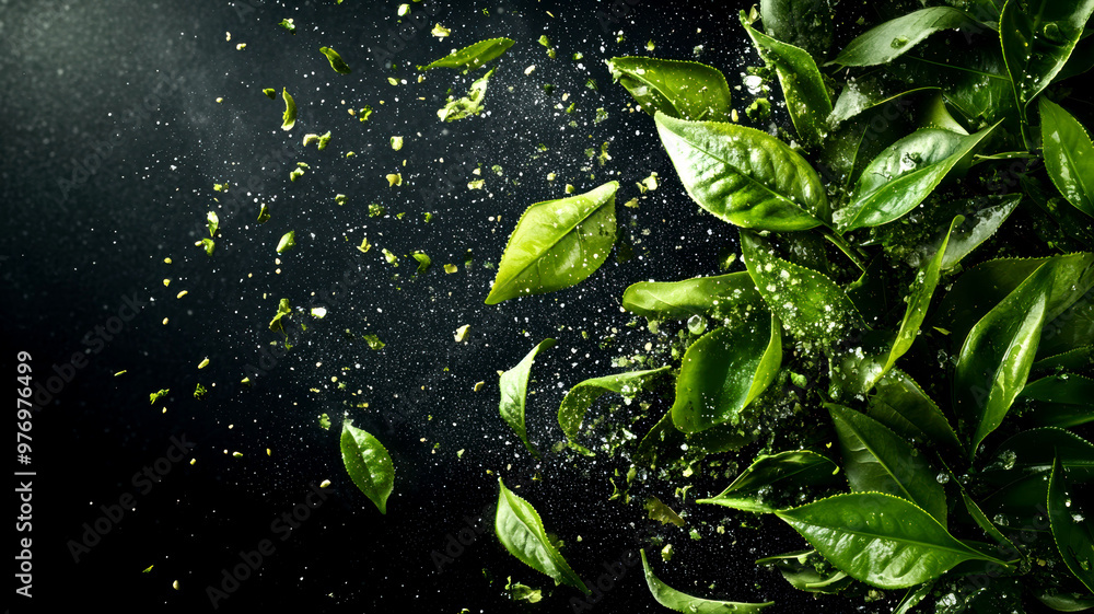 High-Speed Capture of Green Tea Leaves Exploding in Mid-Air, Creating a Dynamic and Fresh Atmosphere Against a Dark Background High-Speed Capture of Green Tea Leaves Exploding in Mid-Air, Creating a Dynamic and Fresh Atmosphere Against a Dark Background