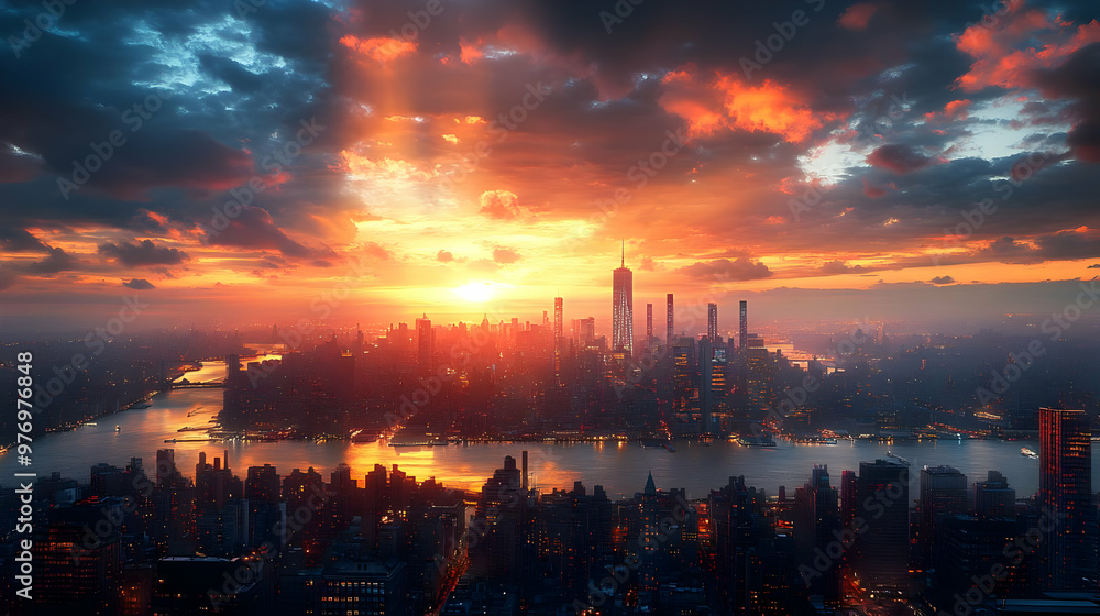Naklejka premium A stunning aerial view of the New York City skyline at sunset, with dramatic clouds and a bright, colorful sky.
