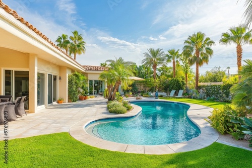 A luxurious patio and swimming pool are situated in front of a modern house