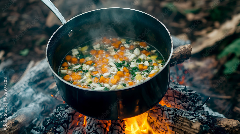 packet of freeze-dried vegetable soup being rehydrated in a pot of boiling water over packet of freeze-dried vegetable soup being rehydrated in a pot of boiling water over