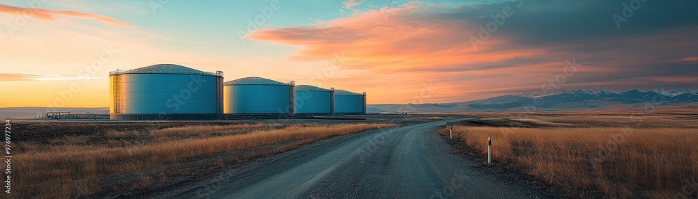 Obraz premium Panoramic view of silos at sunset, with a winding road surrounded by fields and dramatic skies.