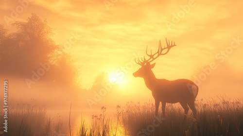 A majestic deer stands at sunrise, its silhouette glowing in the misty meadow.