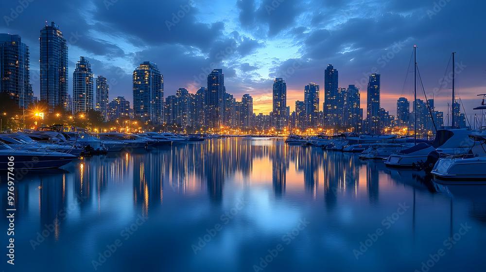 Obraz premium A stunning cityscape at sunset, with a marina full of boats reflecting in the water.