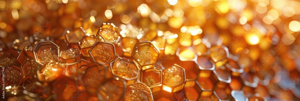 Close up of golden honeycomb showcasing its vibrant and intricate hexagonal structure, illuminated by warm, natural light. Close up of golden honeycomb showcasing its vibrant and intricate hexagonal structure, illuminated by warm, natural light.