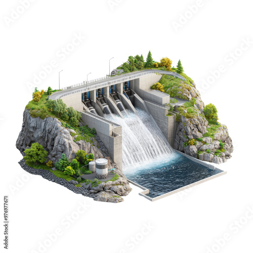 Hydroelectric dam surrounded by greenery and flowing water photo