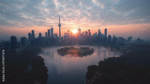 A stunning cityscape skyline with a lake and a sunrise in the background.