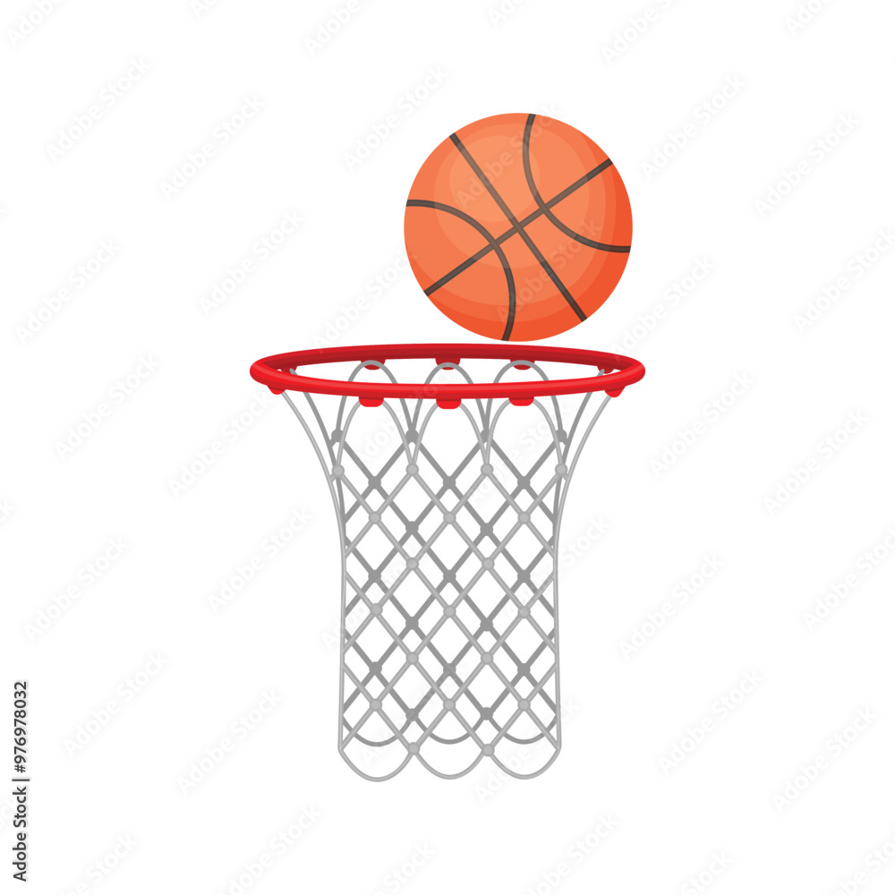 A basketball and a basketball basket. The ball is in the basketball basket. Sports equipment for playing basketball. Vector illustration. A basketball and a basketball basket. The ball is in the basketball basket. Sports equipment for playing basketball. Vector illustration.