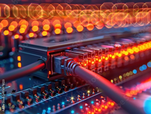 Close-up of network cables connected to server ports with glowing lights in a data center, illustrating connectivity and technology infrastructure.