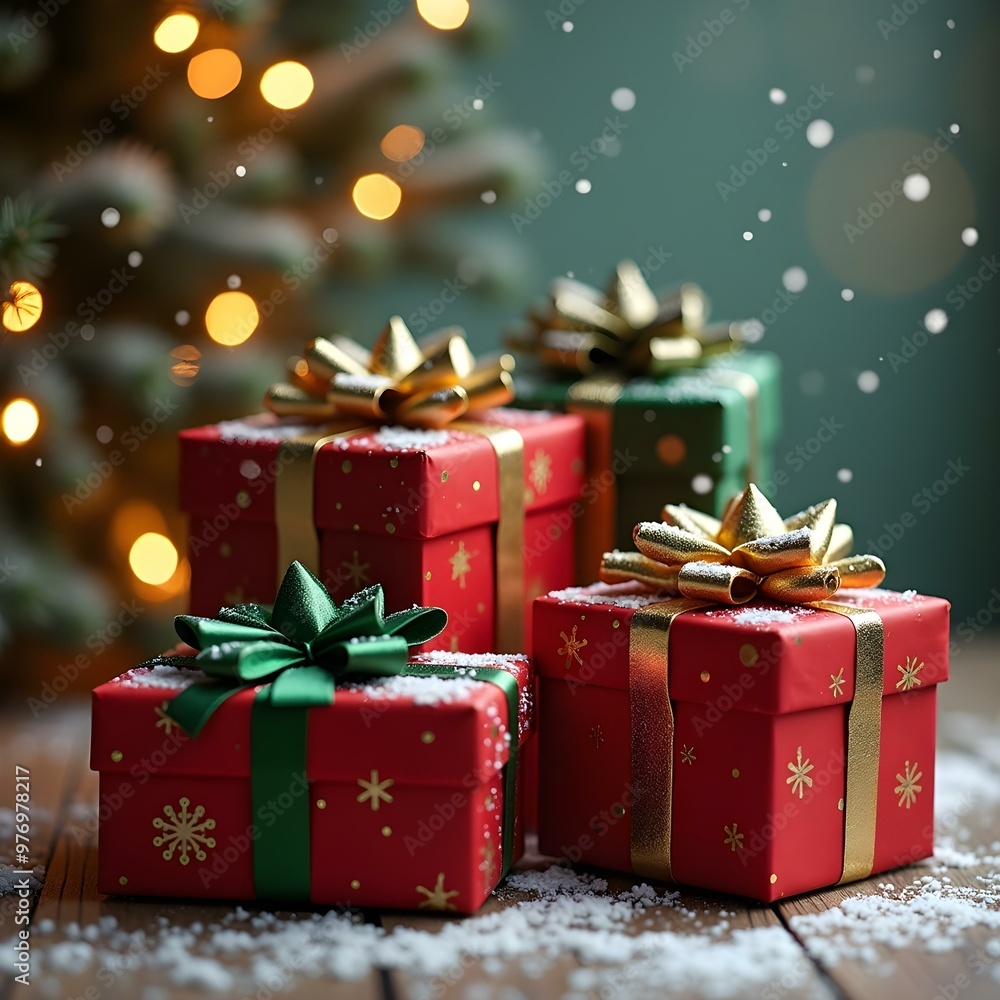 A close-up of luxury gift boxes in shimmering metallic wrapping paper silver, gold, and deep red—tied with satin ribbons. A close-up of luxury gift boxes in shimmering metallic wrapping paper silver, gold, and deep red—tied with satin ribbons.