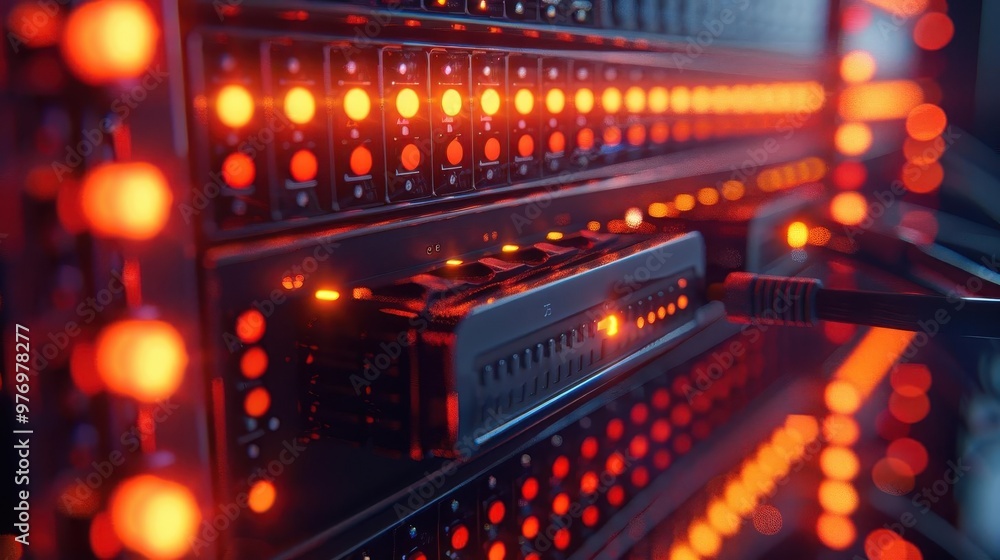 Close-up of a server rack with glowing LED lights indicating active operations in a data center environment. Close-up of a server rack with glowing LED lights indicating active operations in a data center environment.
