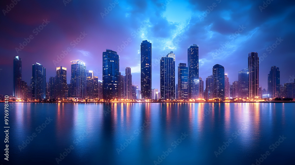 A stunning cityscape with skyscrapers reflecting in a tranquil water body. The sky above is a vibrant mix of purple, blue, and orange hues, creating a dramatic and beautiful scene. A stunning cityscape with skyscrapers reflecting in a tranquil water body. The sky above is a vibrant mix of purple, blue, and orange hues, creating a dramatic and beautiful scene.