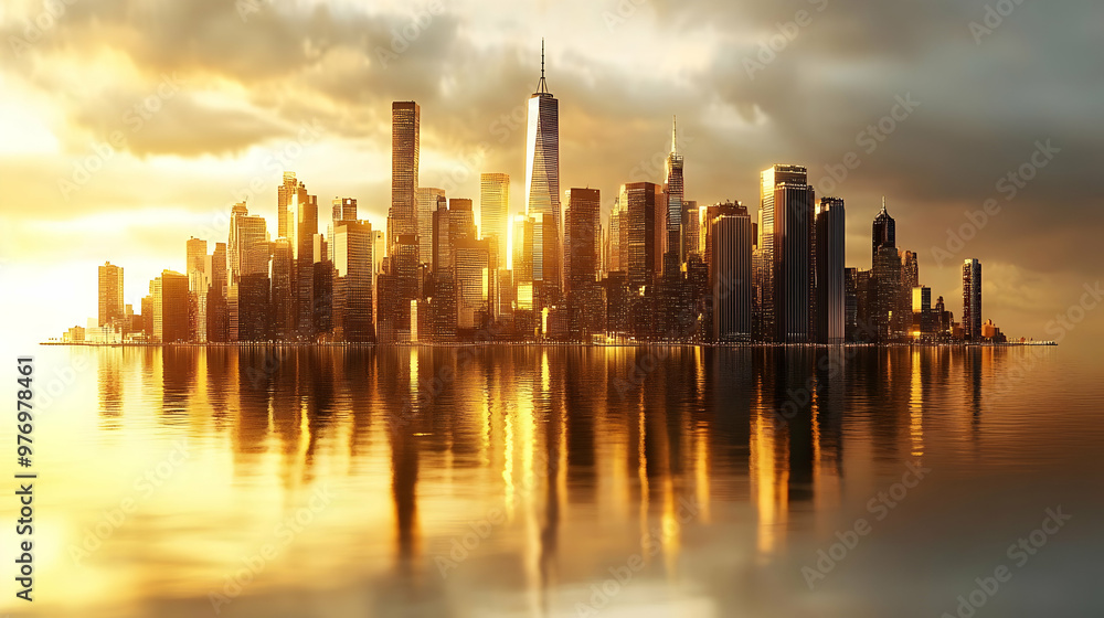 A stunning cityscape with skyscrapers silhouetted against a vibrant golden sunset, reflected in the calm waters below. A stunning cityscape with skyscrapers silhouetted against a vibrant golden sunset, reflected in the calm waters below.