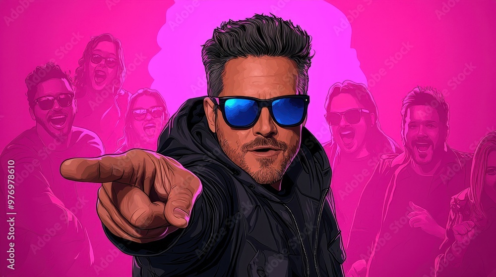 A cool man in sunglasses points confidently at the viewer against a vibrant pink background, conveying positivity and excitement. A cool man in sunglasses points confidently at the viewer against a vibrant pink background, conveying positivity and excitement.