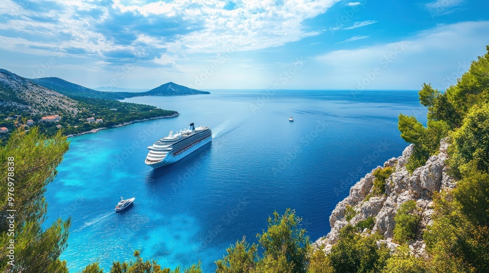 Obraz premium Cruise Ship Sailing Through a Pristine Bay