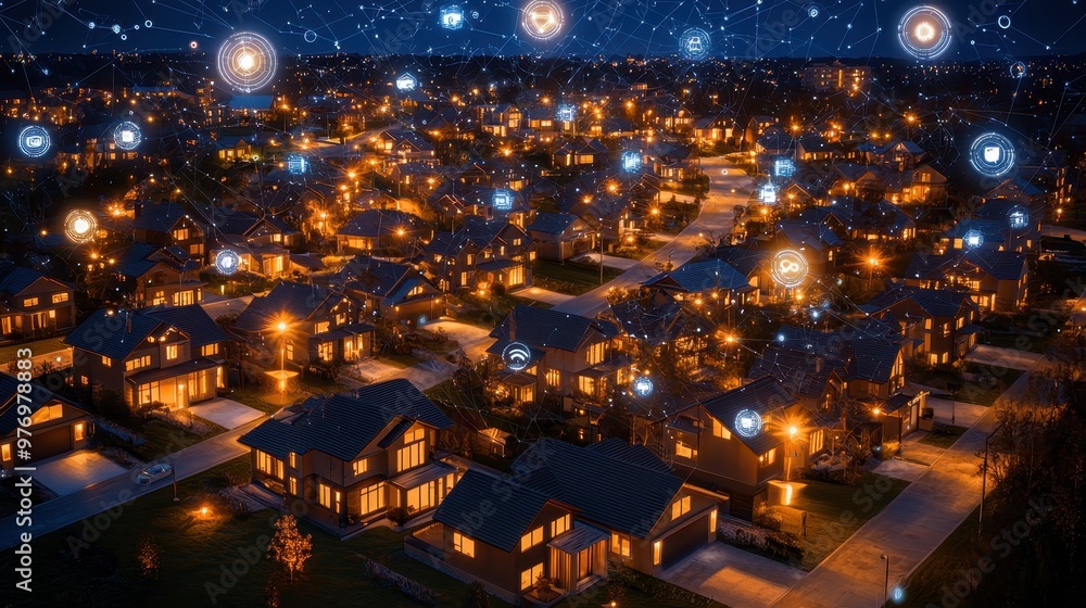 Smart City Night Aerial View with Connected Homes and Network Smart City Night Aerial View with Connected Homes and Network