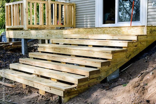 In the construction of above-ground decks and patios, deck boards are installed. photo