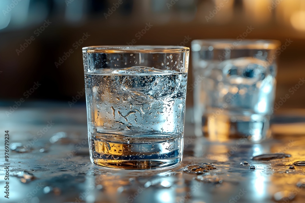 Refreshing glasses of water with ice on a bar countertop Refreshing glasses of water with ice on a bar countertop