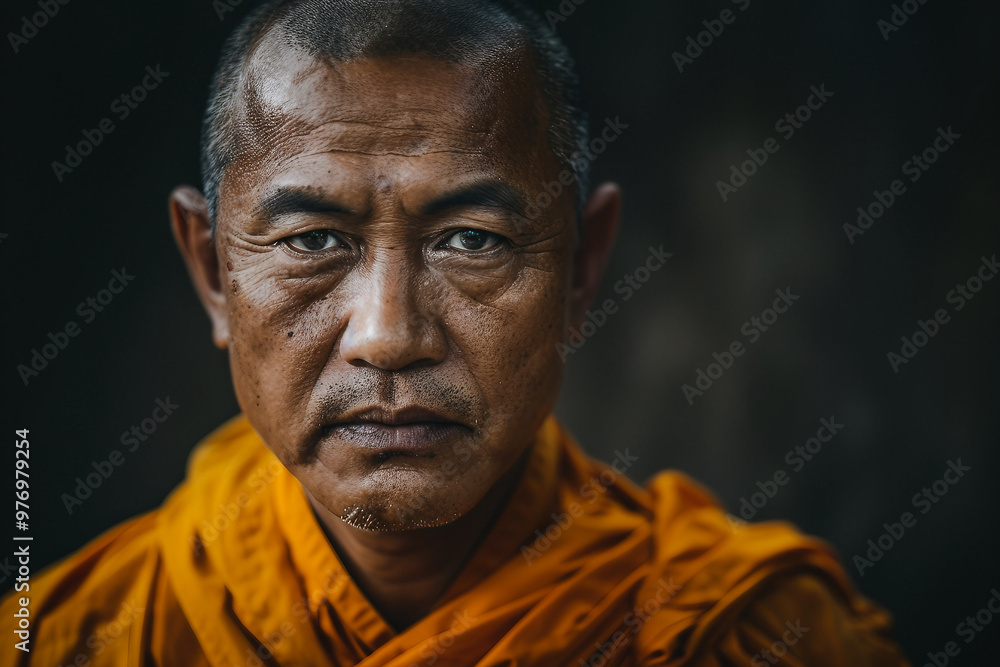 Generative AI image of buddhist monk in orange robe meditating Generative AI image of buddhist monk in orange robe meditating