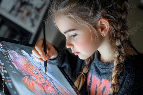 Young girl creating digital art with a stylus on a tablet at home photo