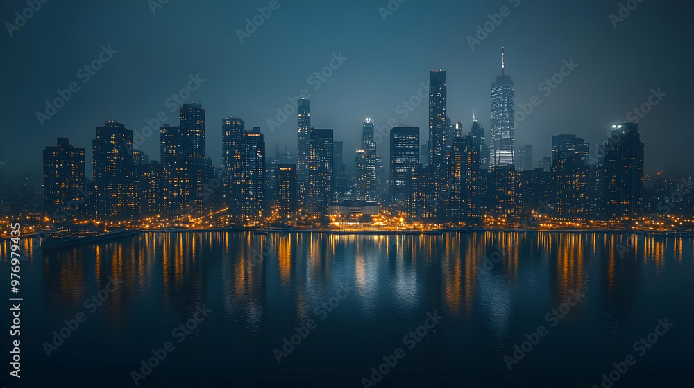 Fototapeta premium A stunning nighttime cityscape with tall skyscrapers illuminated by warm lights reflected in the calm water.