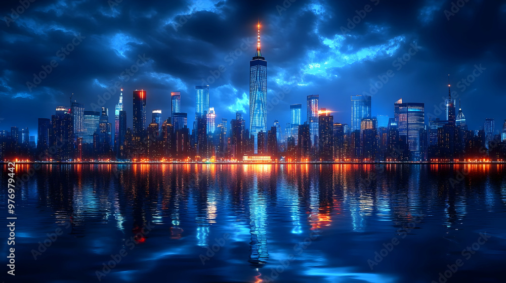 A stunning nighttime cityscape with skyscrapers illuminated by colorful lights, reflected in the water. A stunning nighttime cityscape with skyscrapers illuminated by colorful lights, reflected in the water.