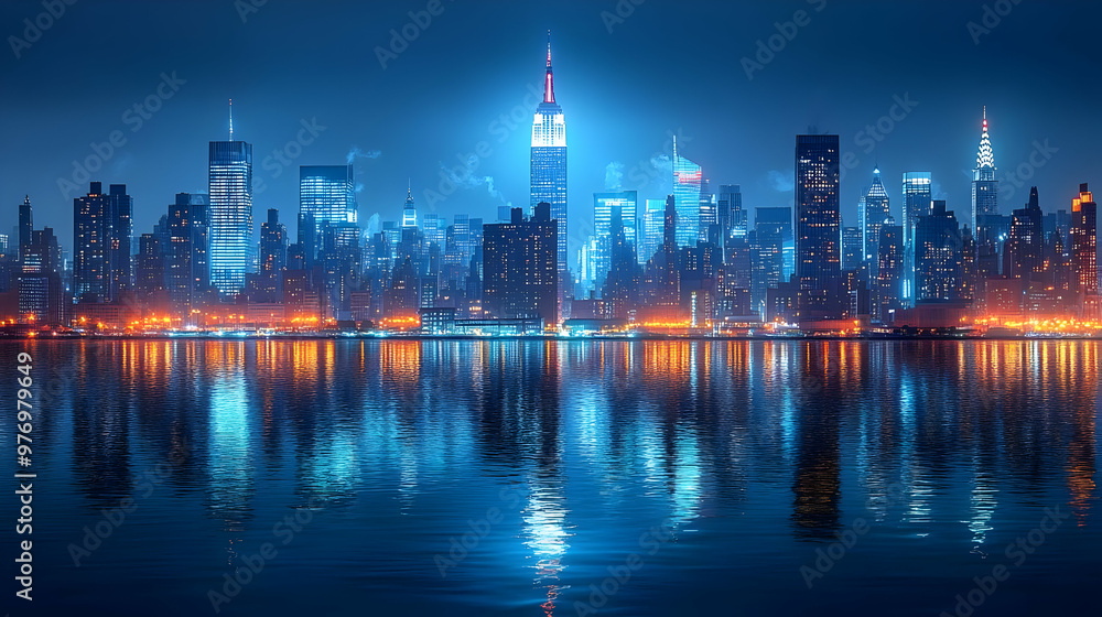 A stunning panoramic view of a city skyline at night, with skyscrapers illuminated by colorful lights reflecting in the water. A stunning panoramic view of a city skyline at night, with skyscrapers illuminated by colorful lights reflecting in the water.