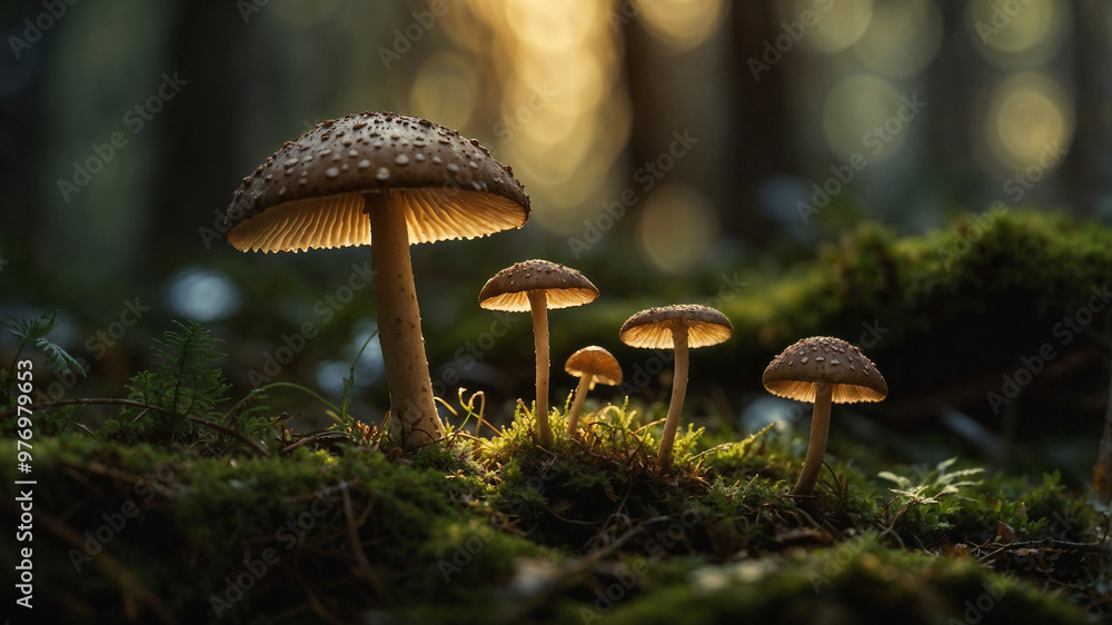 Fototapeta premium Funghi illuminati dalla luce, circondati dal muschio in un bosco