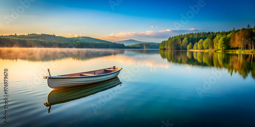 Boat floating peacefully on a tranquil lake , serene, water, reflection, tranquil, peaceful, nature, relaxation, calm