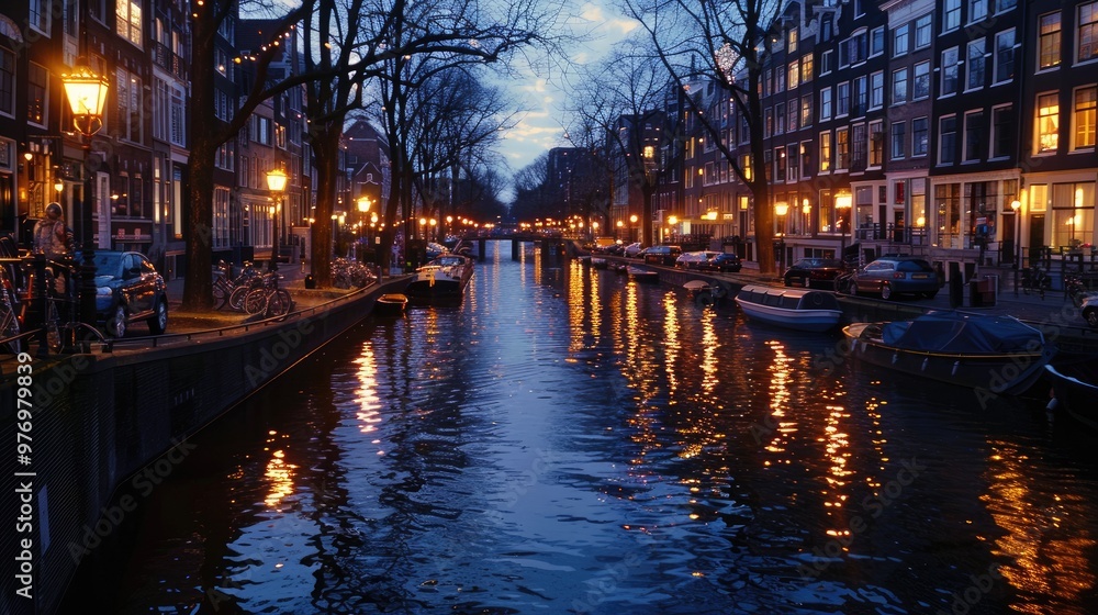 Fototapeta premium Evening view of a picturesque canal with illuminated buildings and water reflections in Amsterdam, Netherlands, captured in a tranquil atmosphere.