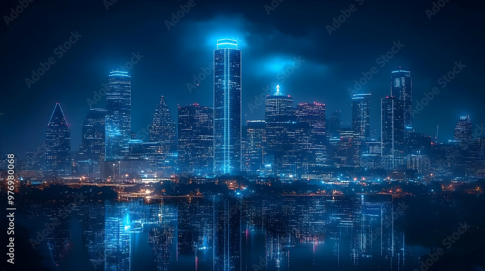 A stunning panoramic view of a modern city skyline at night, with skyscrapers reflecting in the water. A stunning panoramic view of a modern city skyline at night, with skyscrapers reflecting in the water.