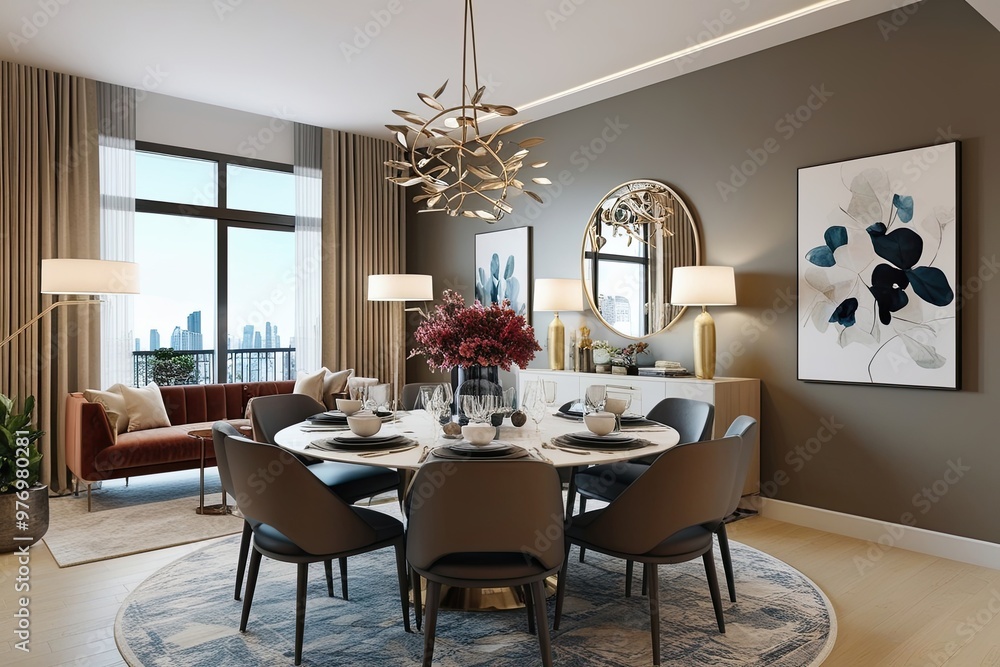 Modern Apartment Dining Room 3D Rendering with Sophisticated Decor and Chic Arrangements Modern Apartment Dining Room 3D Rendering with Sophisticated Decor and Chic Arrangements