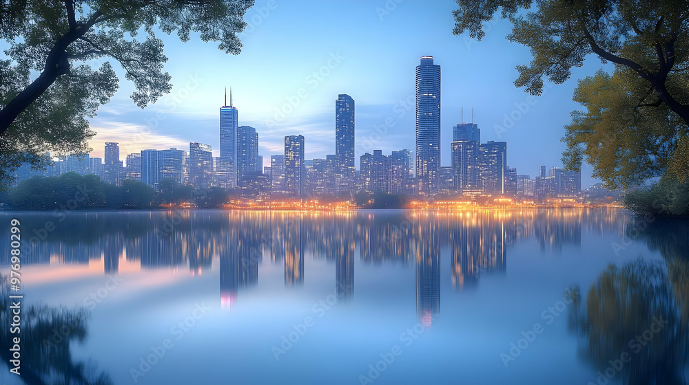 A stunning panoramic view of a modern cityscape with skyscrapers reflected in a calm lake at sunrise. A stunning panoramic view of a modern cityscape with skyscrapers reflected in a calm lake at sunrise.